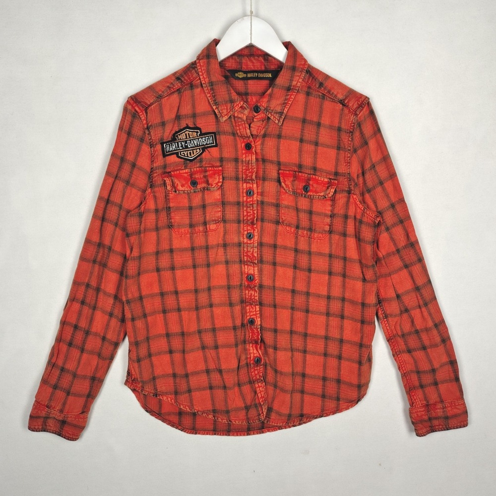 Harley-Davidson Mens Orange Black Plaid Flannel Button Down Shirt Logo Patch